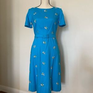 True Vintage Turquoise Belted Dress With Floral Embroidery Circa 1960’s